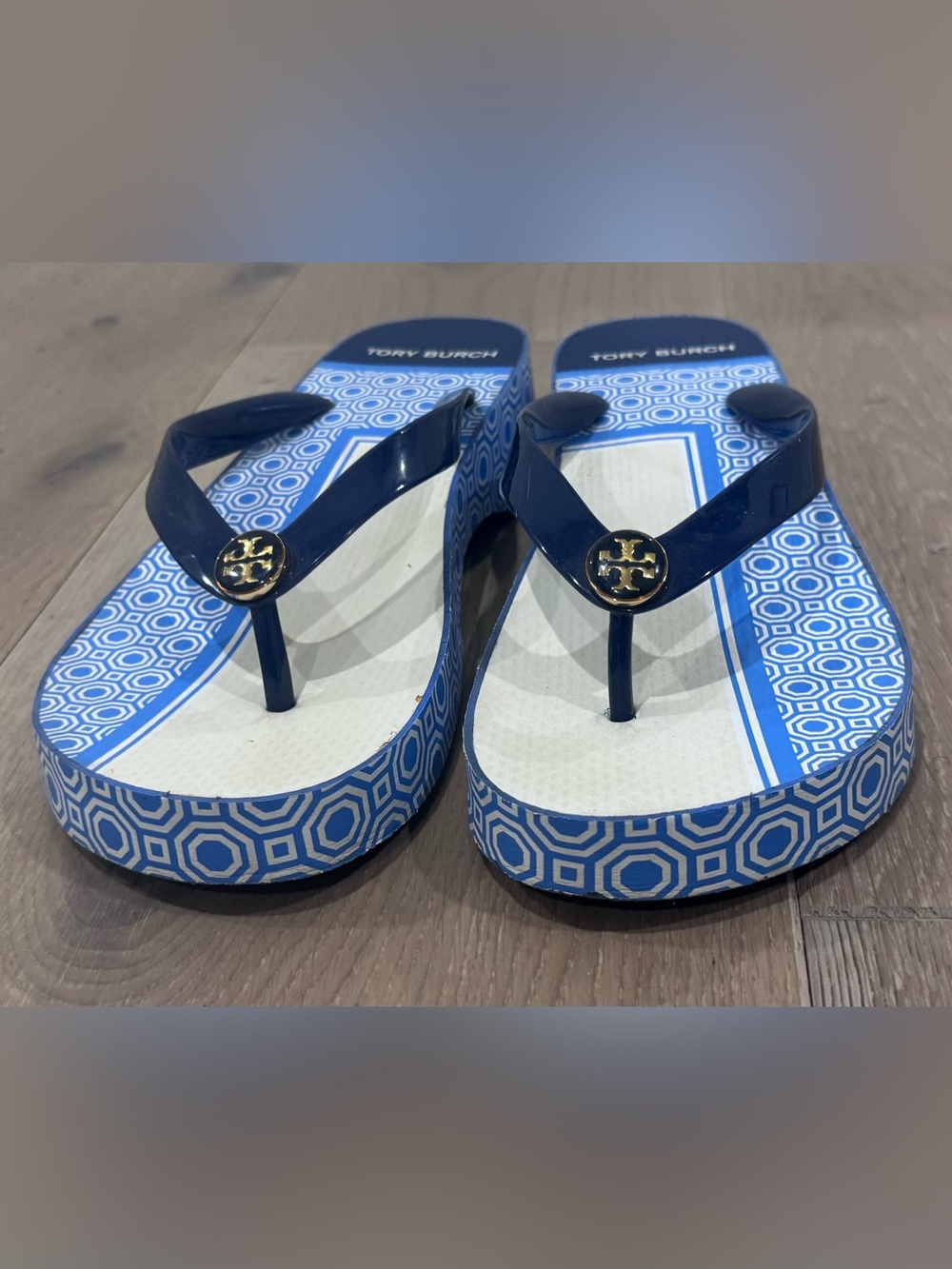 Tory Burch Navy and White Logo Platform Flip Flops